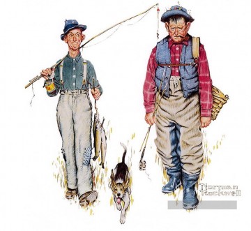 ノーマン・ロックウェル Painting - 二人の老人と犬のノーマン・ロックウェル